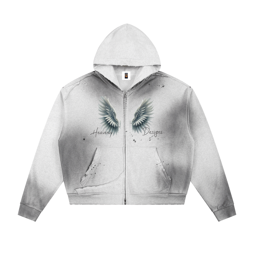 Sun Fade Frayed Raw Edge Fleece Zip Hoodie