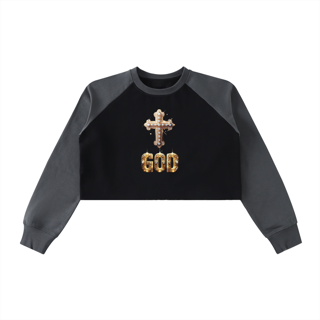 Raw-Hem Color-Block Raglan Crop Sweatshirt