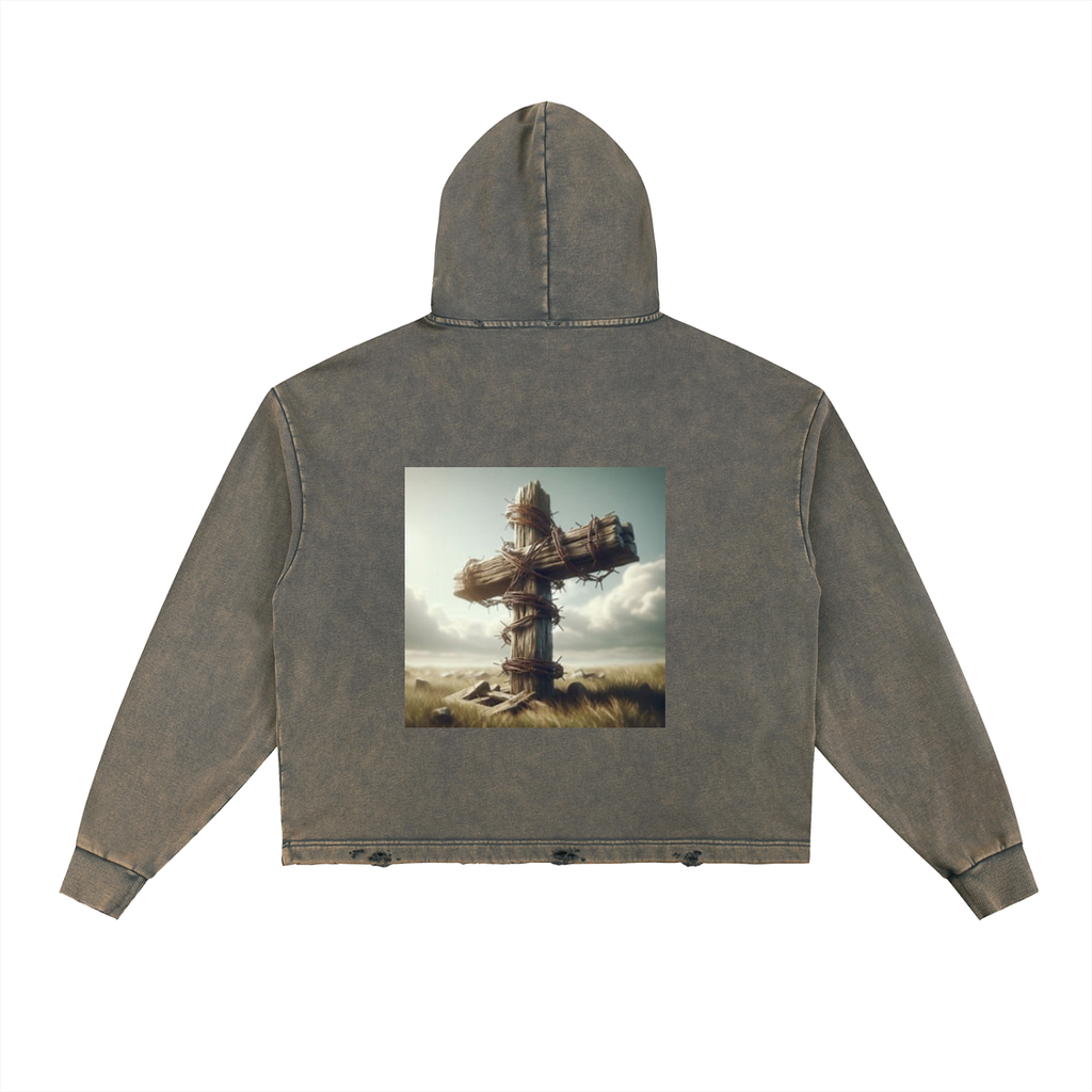 Vintage Washed Frayed-Hem Hoodie